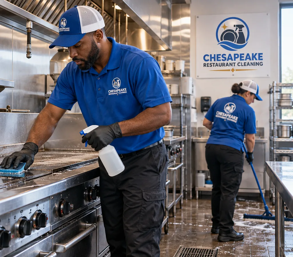 Professional restaurant cleaners working along a stainless commercial kitchen line