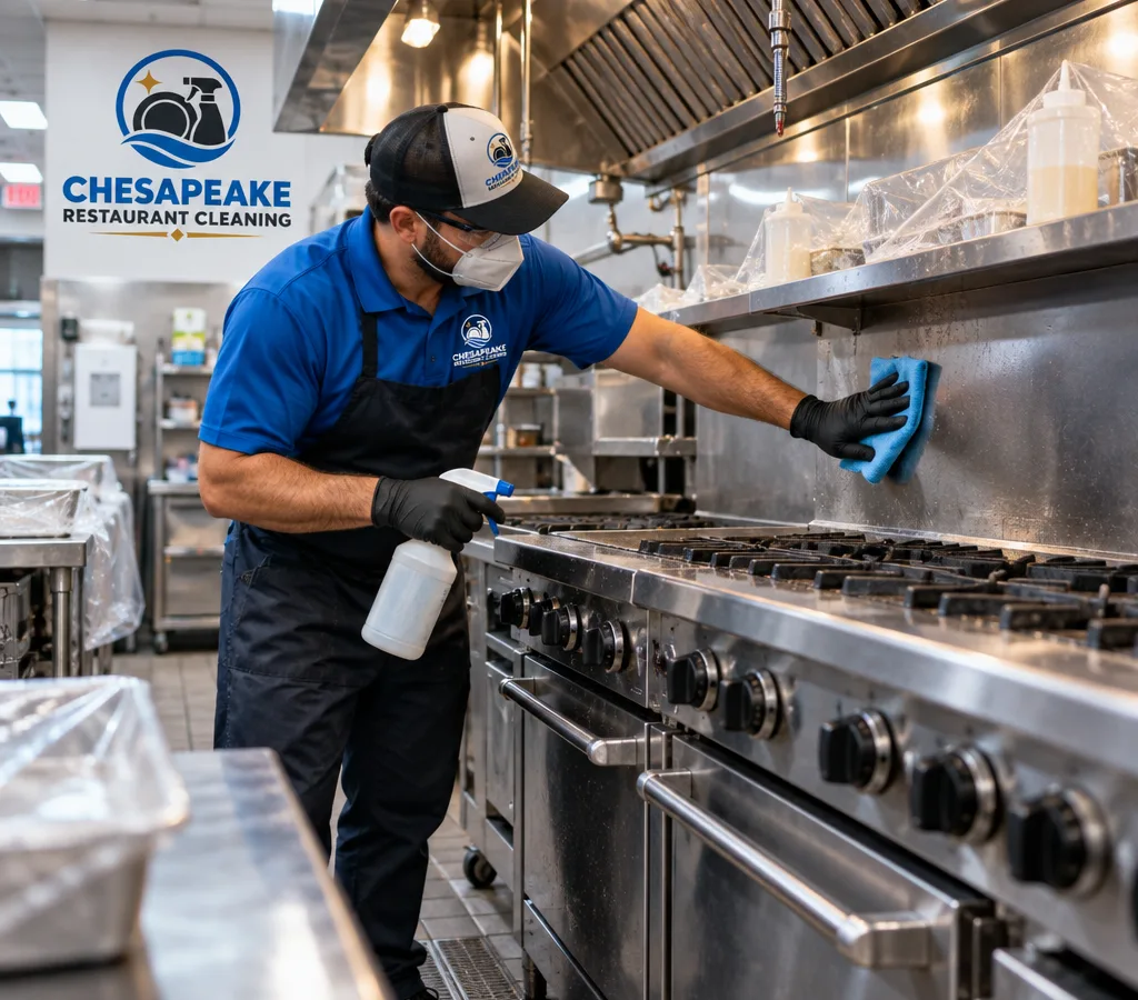 Professional cleaner detailing a stainless commercial cook line with food-contact areas protected