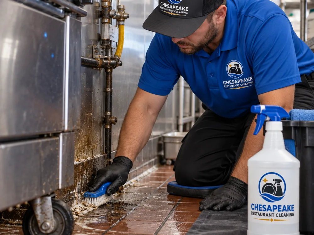Technician scrubbing grease from behind a commercial range and along cove base