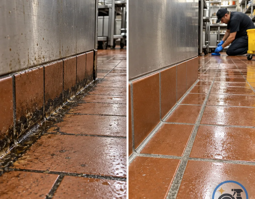 Before-and-after view of restored quarry tile grout and base cove after buildup removal