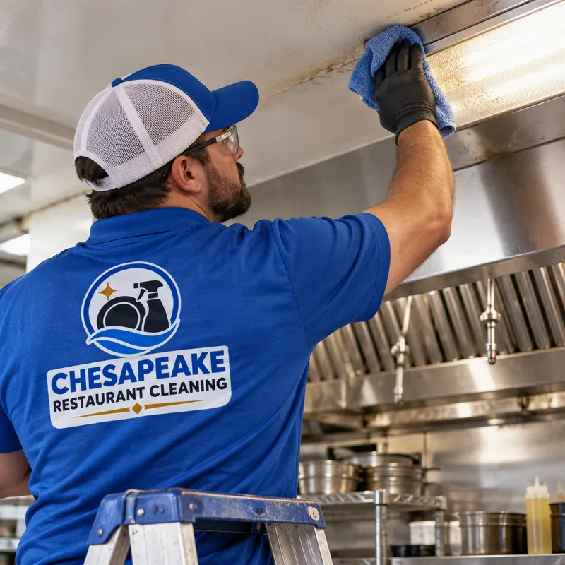 Technician high dusting a ceiling corner and light housing above a commercial prep area