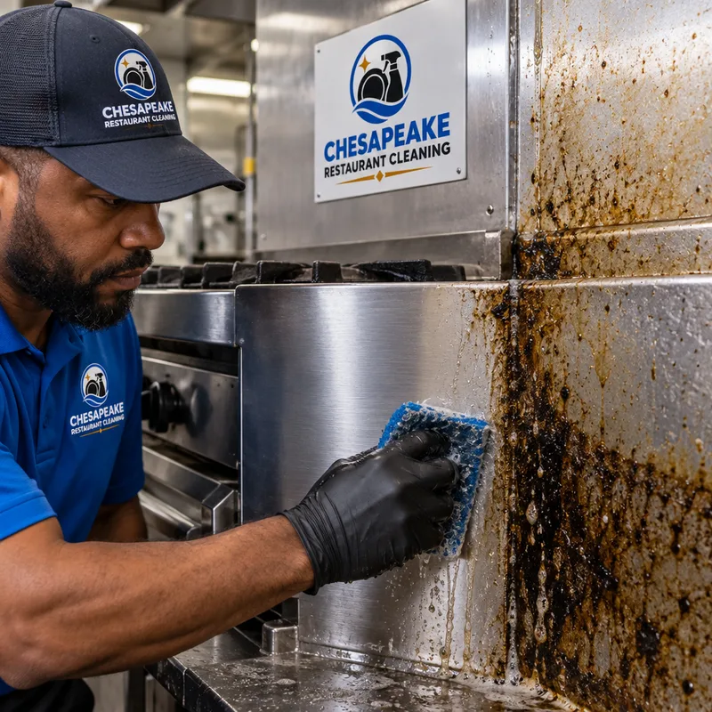Heavy grease being removed from a commercial range and the wall behind it, revealing cleaned stainless