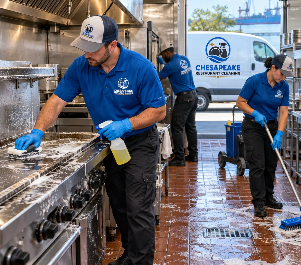 Professional crew deep cleaning a commercial kitchen line, degreasing stainless, scrubbing quarry tile, and cleaning behind equipment