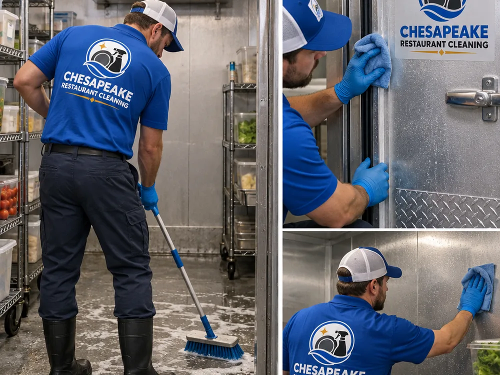 Technician detailing a walk-in cooler door gasket, threshold, wall panels, and floor