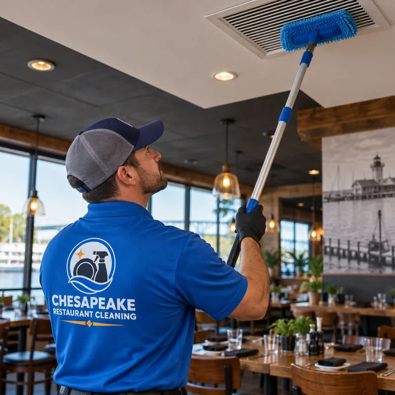 Cleaner using an extension pole and microfiber tool to dust high ledges and ceiling vents above a restaurant dining area
