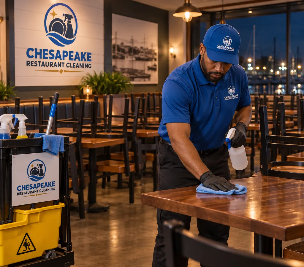 After-hours restaurant cleaning in a Chesapeake dining room with chairs raised while a technician mops and details tables