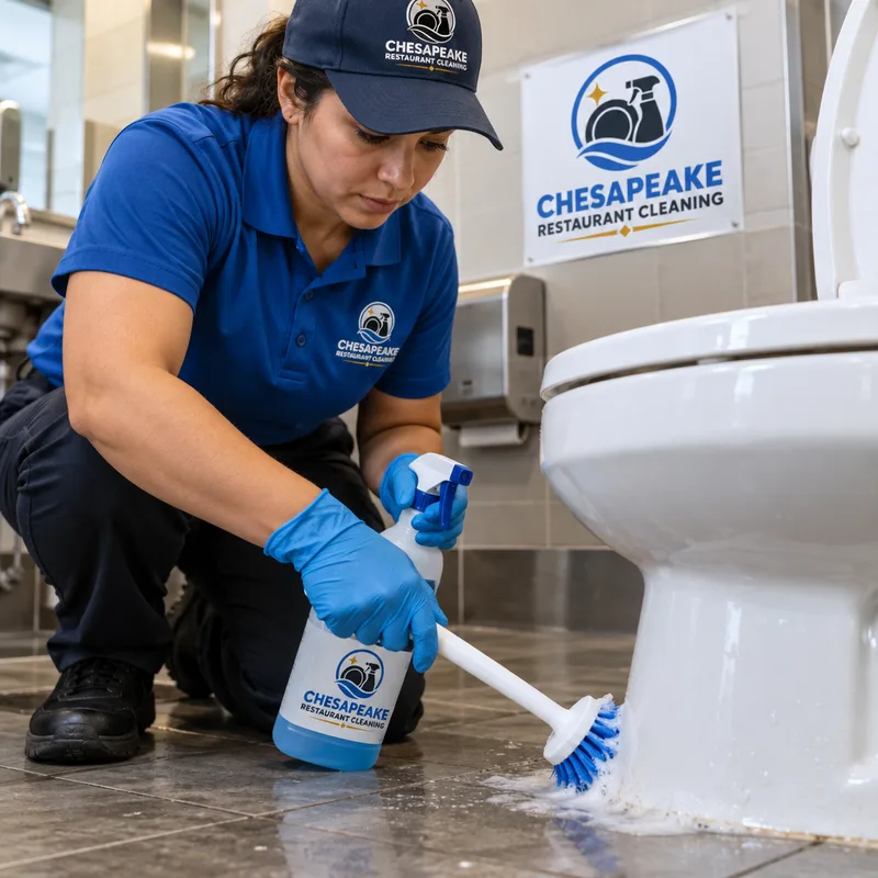 Technician cleaning a toilet base, rim, splash areas, and surrounding floor edges