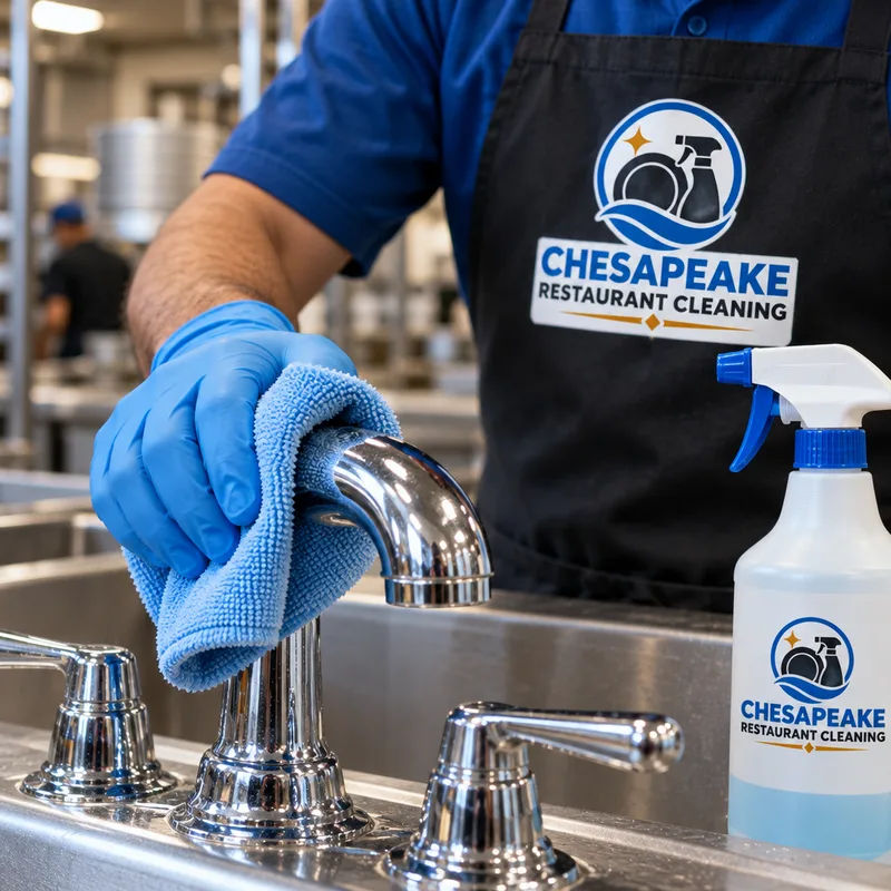 Gloved hand disinfecting a chrome faucet and sink handles with a clean microfiber cloth