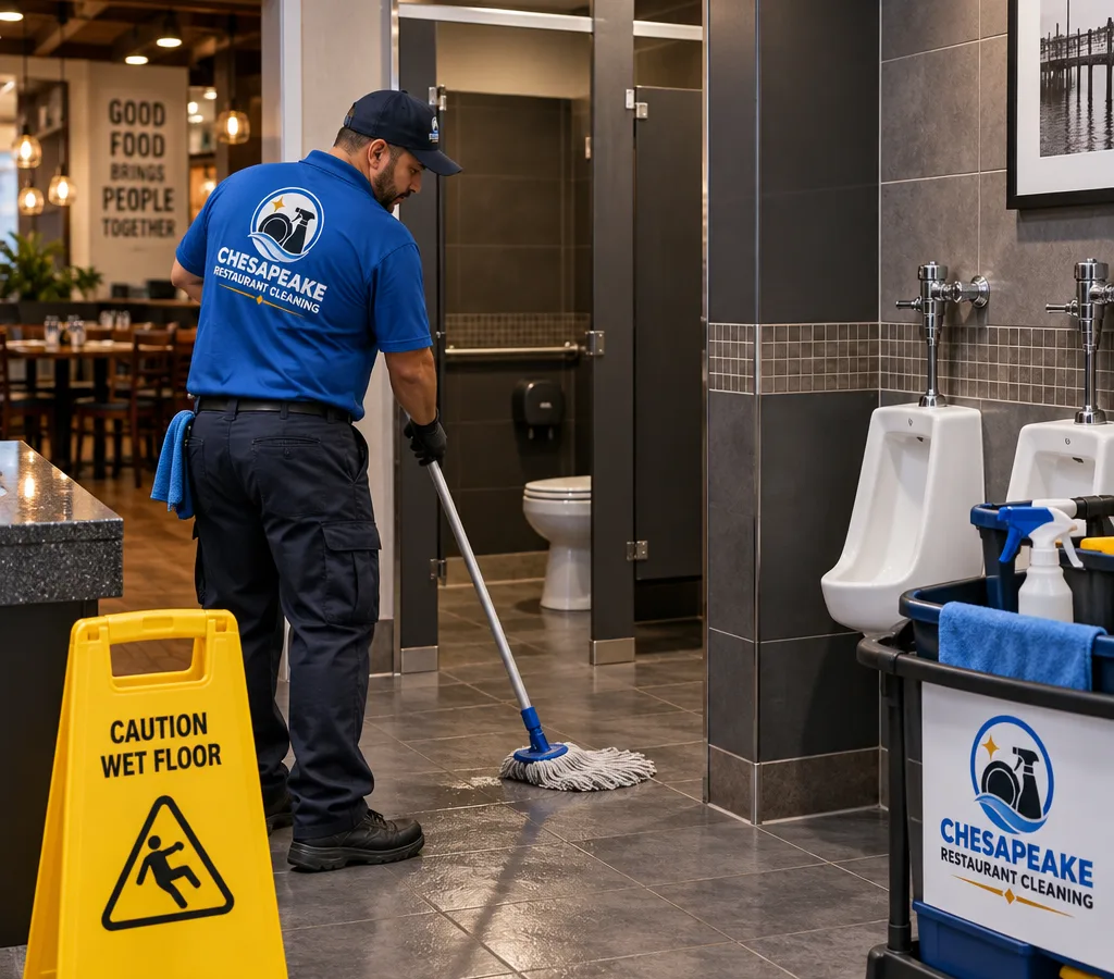 After-hours janitorial technician disinfecting fixtures and mopping a commercial restaurant restroom