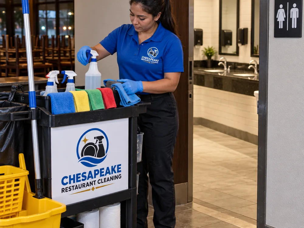 Janitorial cart with labeled supplies staged outside a clean restaurant restroom after hours