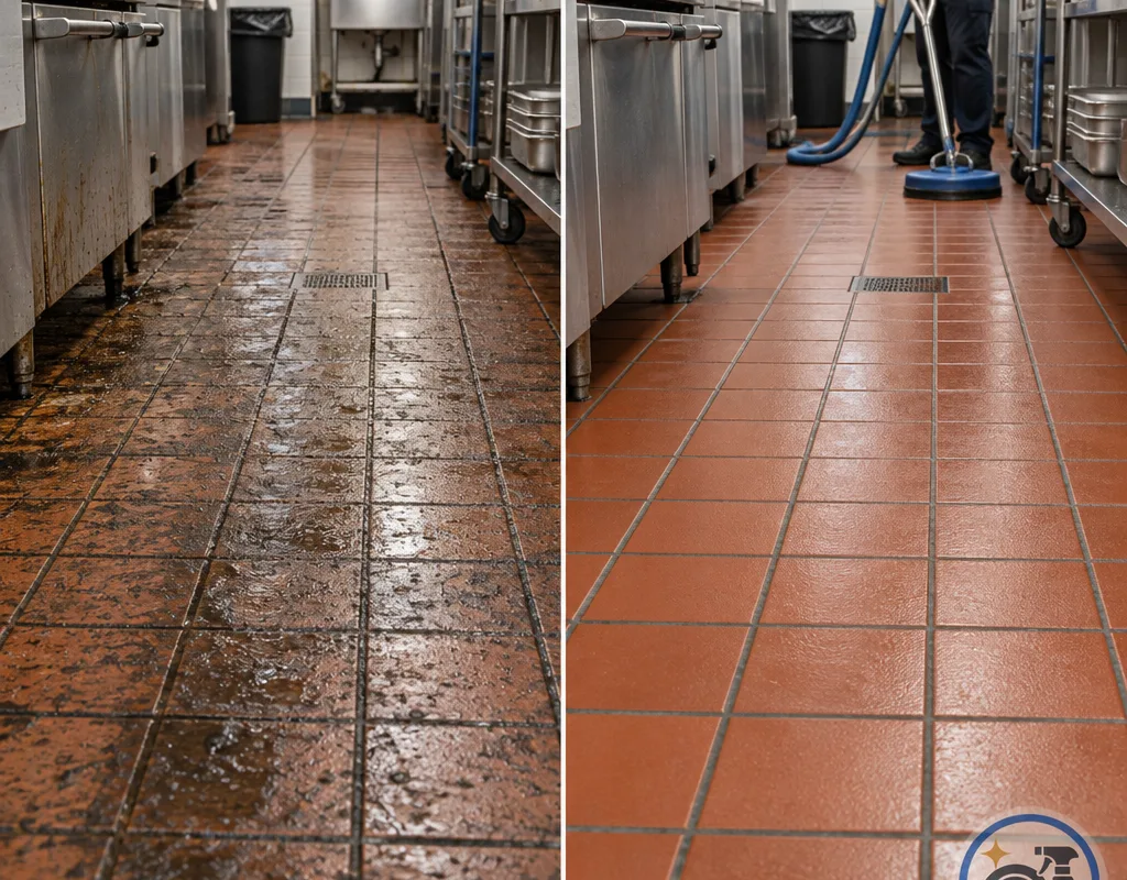 Before and after view of a restaurant quarry tile floor with cleaner tile and grout lines