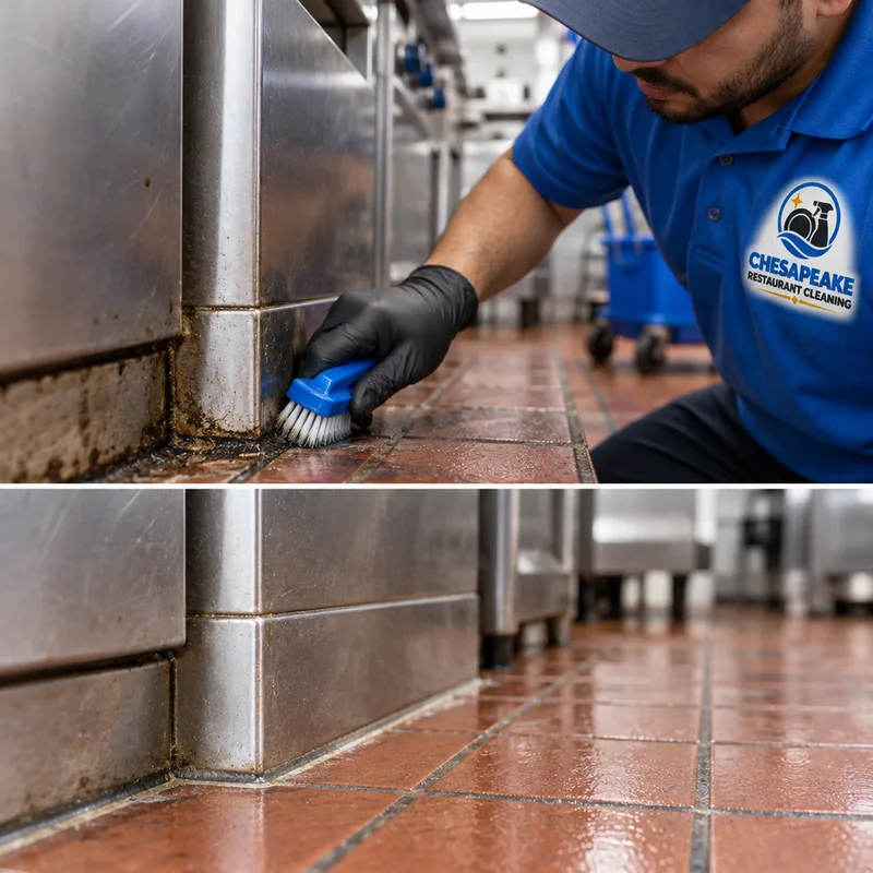 Close-up of cleaned grout joints and corners beside a commercial cook line