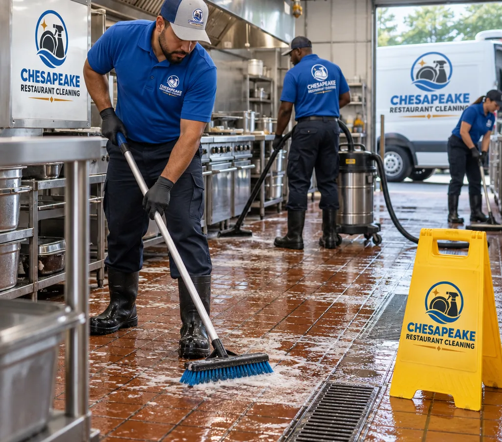 Commercial kitchen crew pressure washing and scrubbing a greasy quarry tile floor with a wet vac and caution signage visible