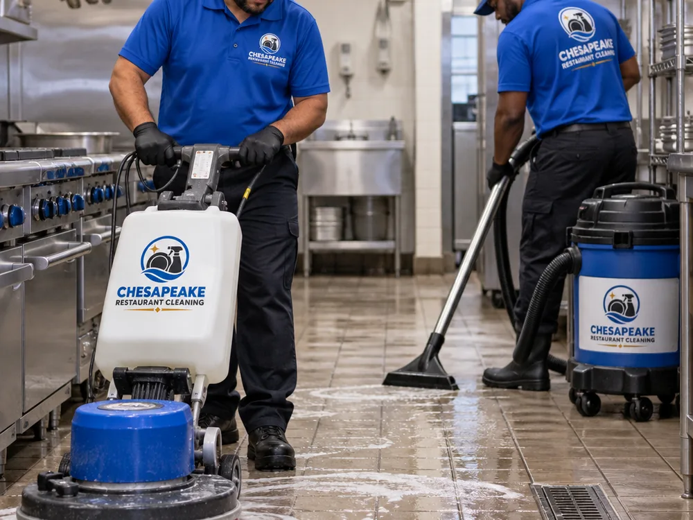 Technicians scrubbing a restaurant kitchen tile floor and extracting slurry with a wet vacuum