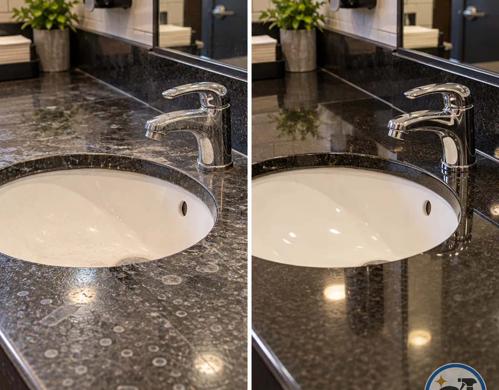 Restaurant restroom sink counter before and after removal of water spots and smudges