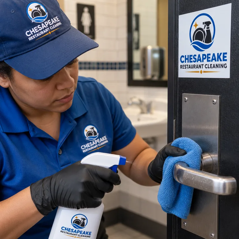 Disinfecting a high-touch restroom door handle and push plate