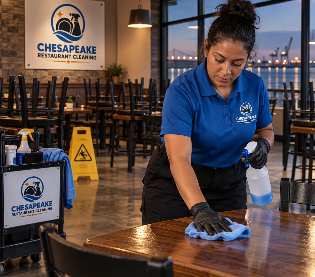 After-hours commercial cleaner disinfecting high-touch surfaces in a restaurant dining area