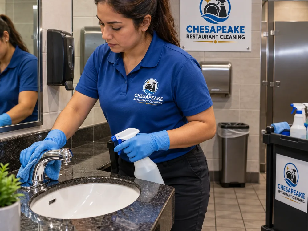 Gloved cleaner disinfecting a commercial restaurant restroom sink and faucet