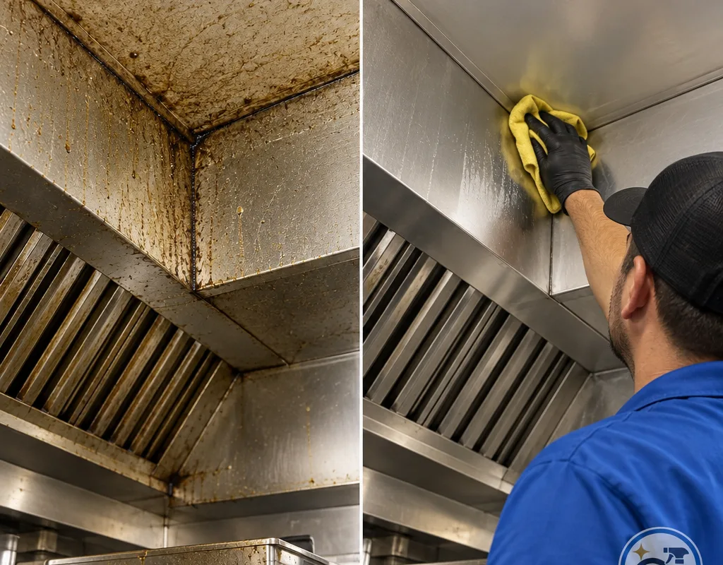 Before and after comparison of grease and dust removal near a restaurant hood line