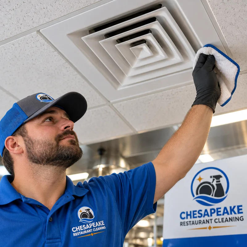 Clean restaurant ceiling vent with surrounding area free of dust rings and grease haze