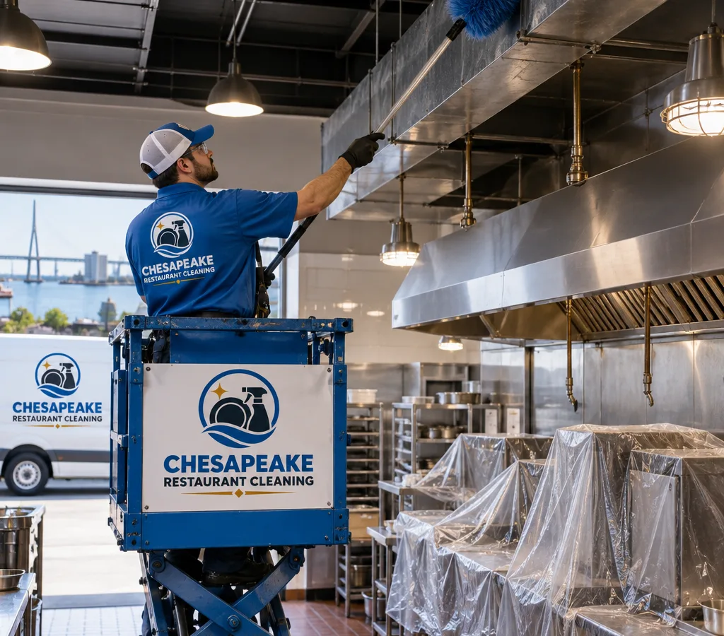 Technician on a lift high dusting near restaurant kitchen ductwork and light fixtures with surfaces protected below