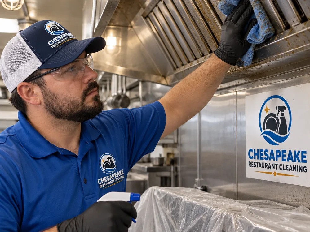 Greasy overhead restaurant vent and ceiling area being detailed while equipment below is protected