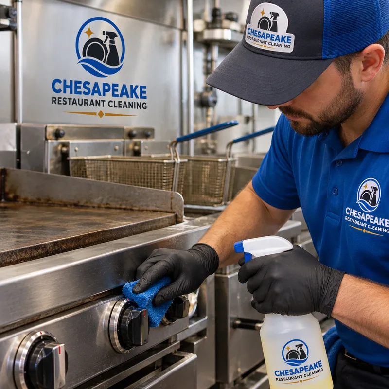 Technician detailing powered-off commercial cooking equipment with non-abrasive pads and labeled cleaning bottles