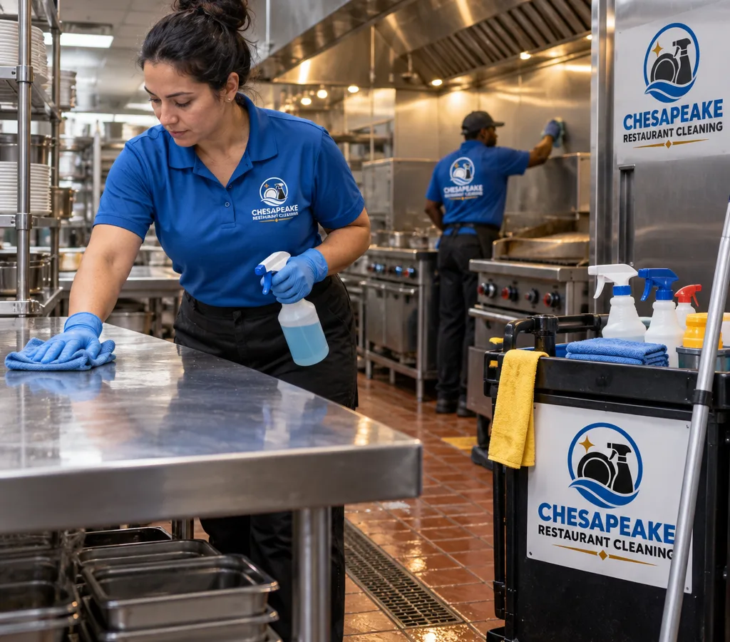 After-hours technician cleaning a stainless prep table in a commercial restaurant kitchen