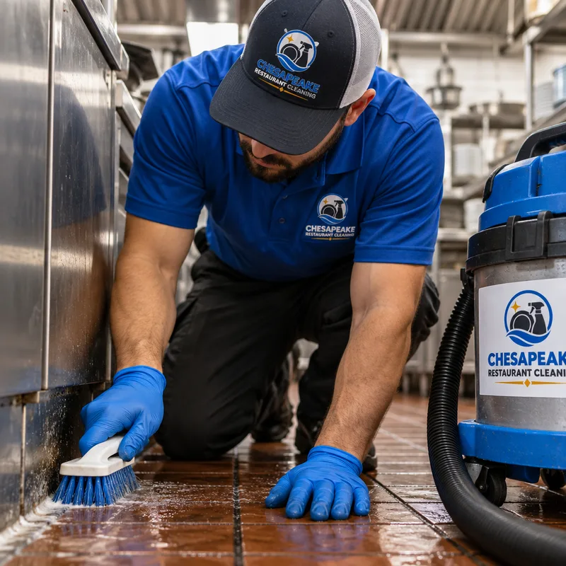 Cleaner detailing a commercial kitchen floor edge and baseboard with a scrub brush and wet vacuum nearby
