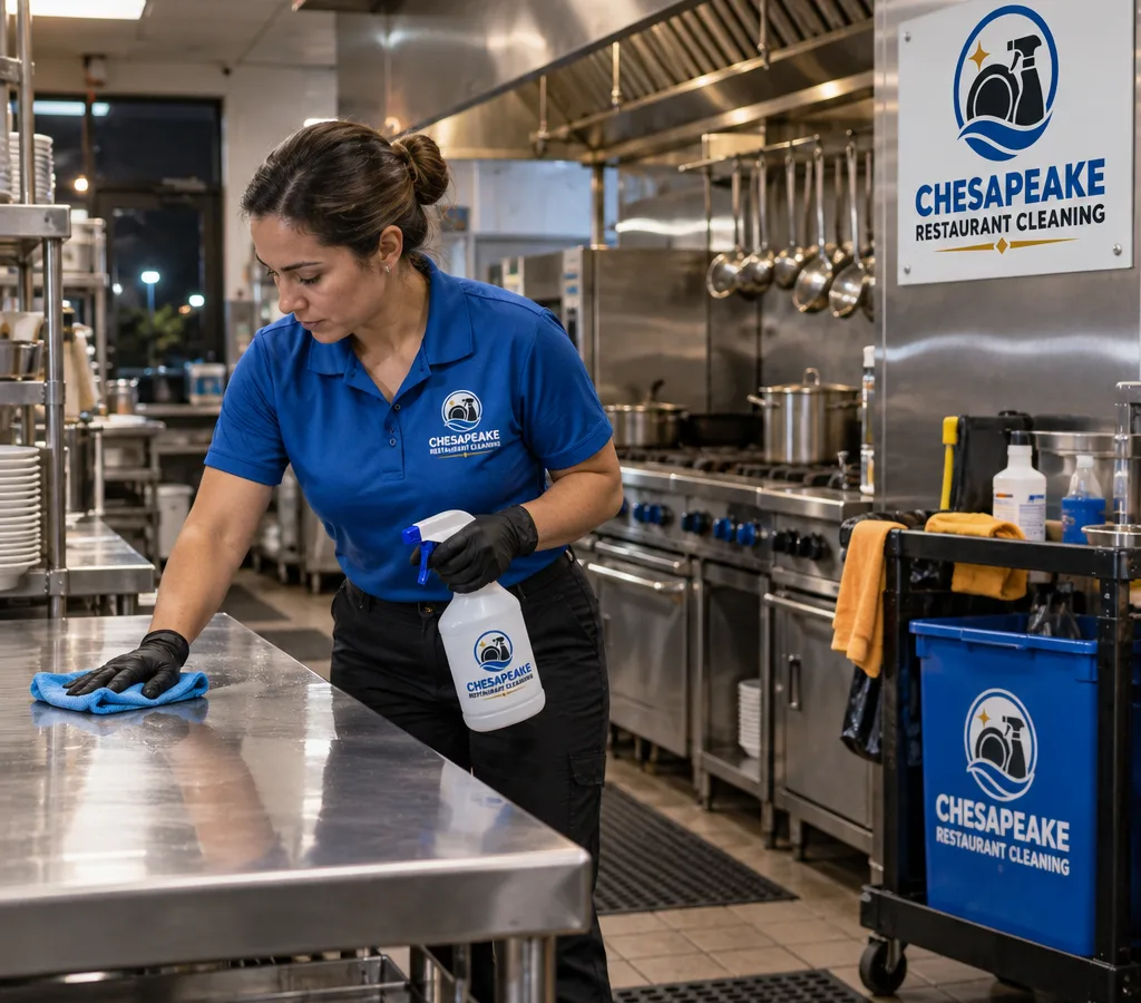 Cleaner wiping stainless prep tables and equipment in a commercial restaurant kitchen after hours