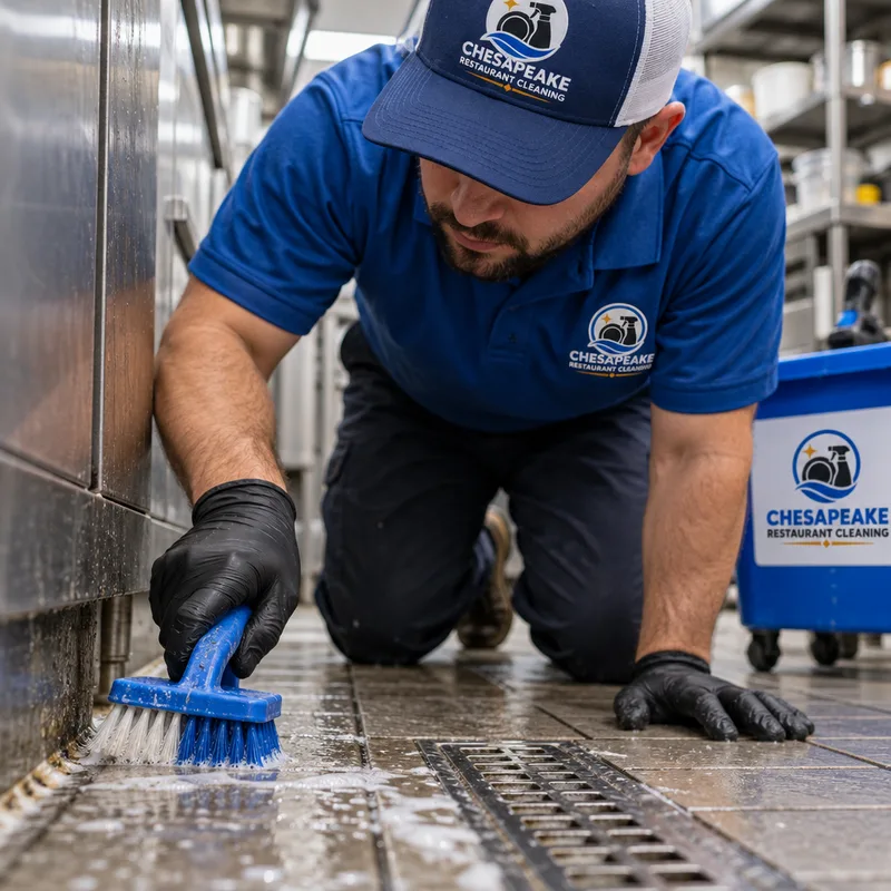 Technician detail-scrubbing a commercial kitchen floor edge and grout near a floor drain