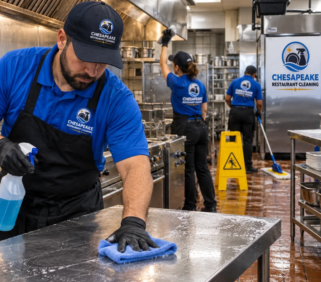 After-hours restaurant crew cleaning a commercial kitchen line with stainless equipment and wet-floor signage