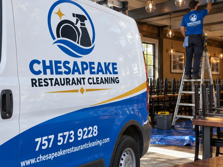 Crew member cleaning high ledges and light fixtures from a ladder in a closed restaurant dining room