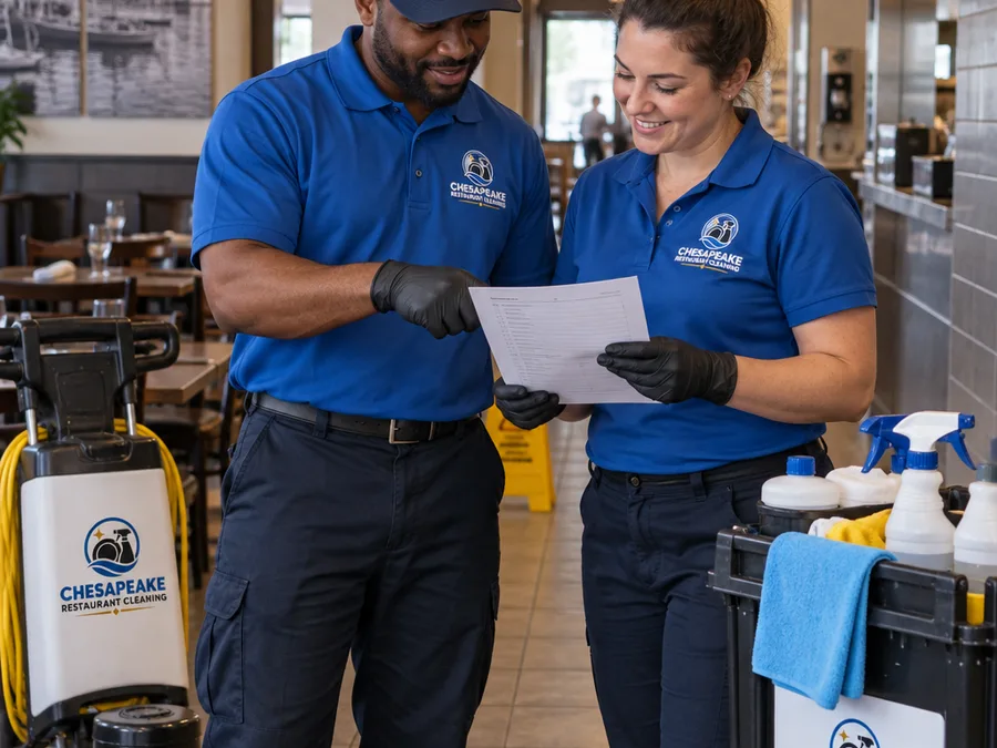 Two commercial cleaners reviewing a checklist before restaurant service