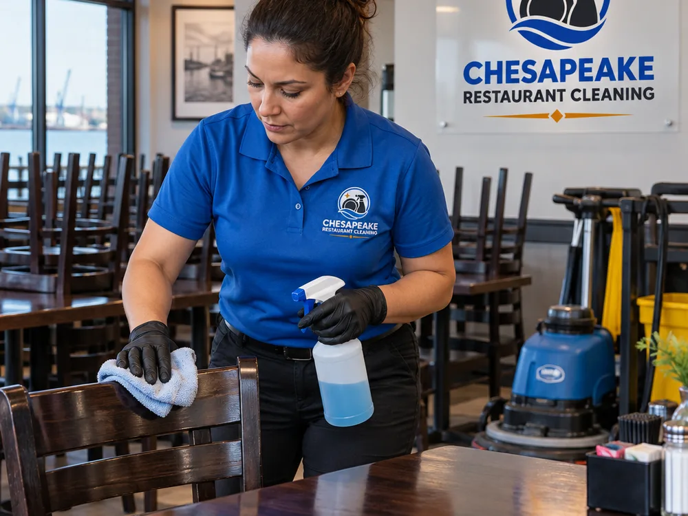 Cleaner sanitizing restaurant tables and chair backs after close